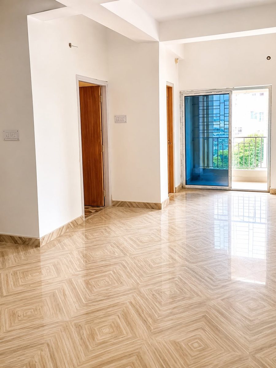 Bright, open living area inside a flat at Krishna Shivangan, Tarulia, Kestopur