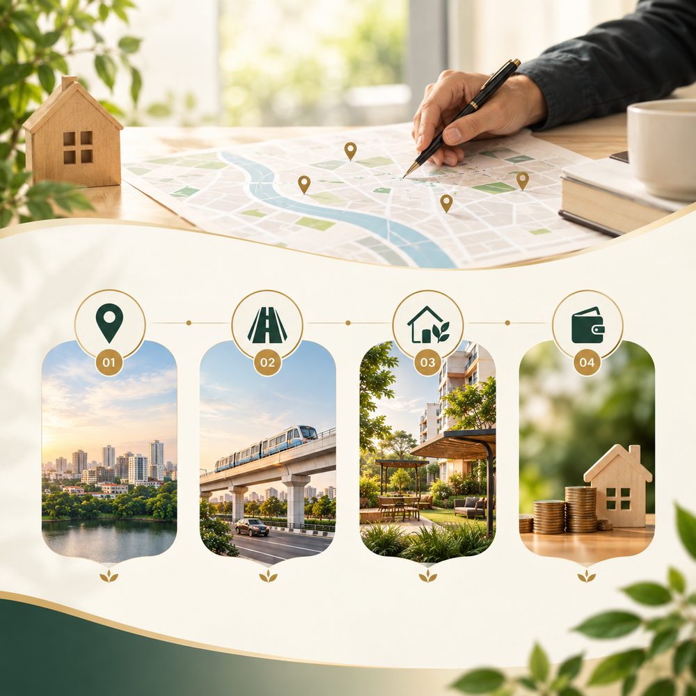 Illustration showing the four things to weigh when choosing a flat: location, connectivity, convenience and budget