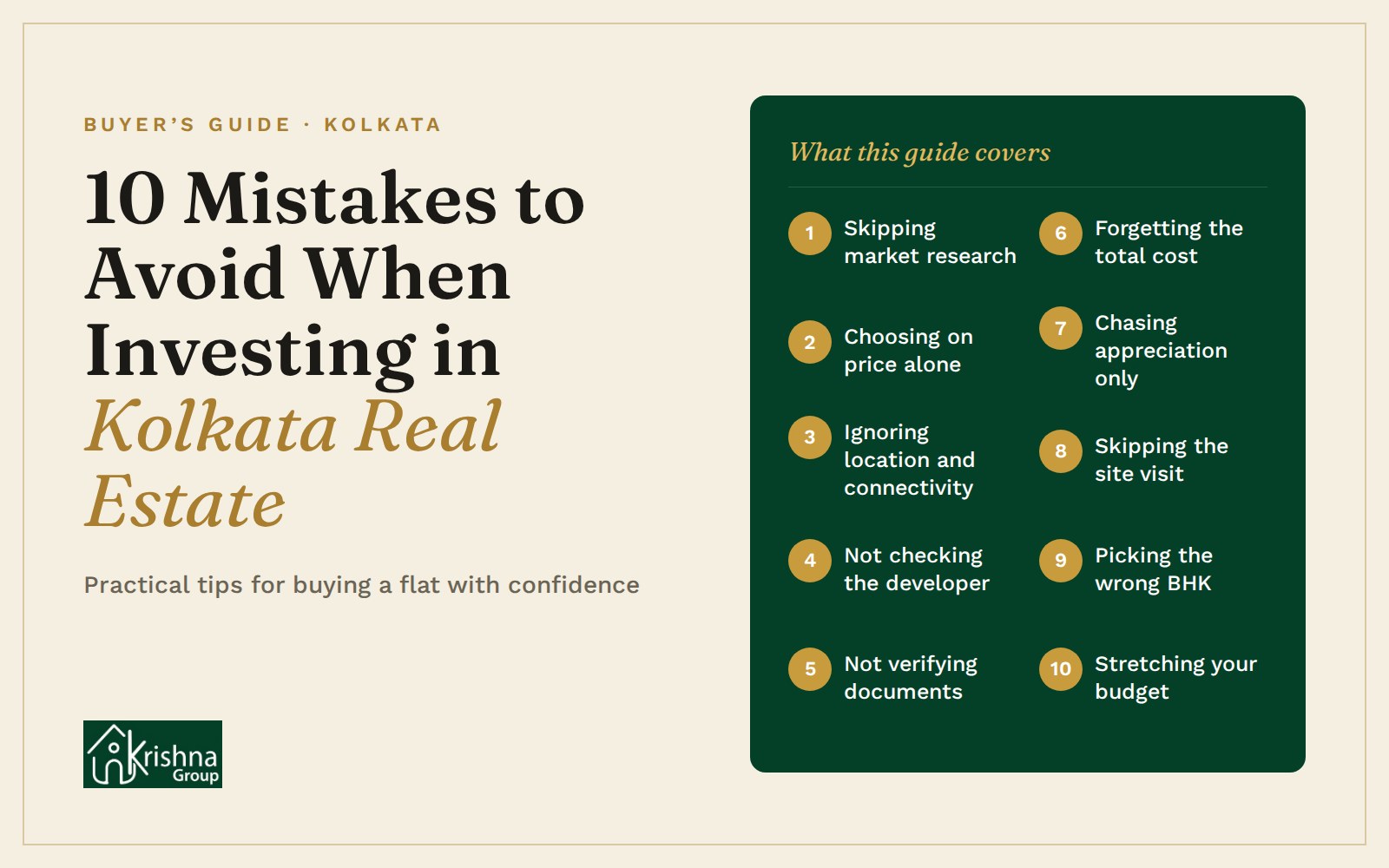 Cover graphic listing the 10 mistakes to avoid when investing in Kolkata real estate, from skipping market research to stretching your budget