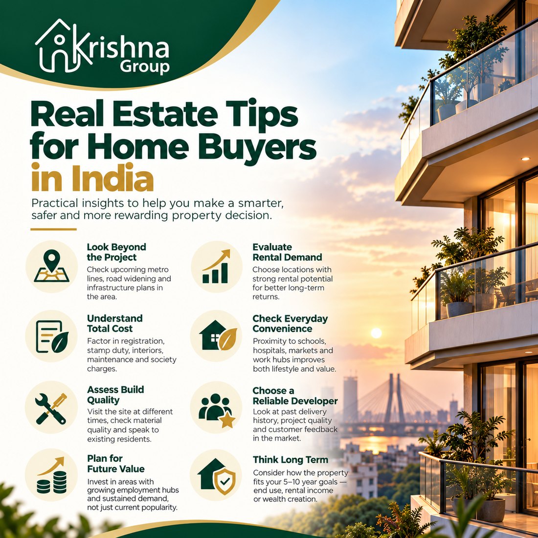 Krishna Group infographic: real estate tips for home buyers in India. Look beyond the project, understand the total cost, assess build quality, plan for future value, evaluate rental demand, check everyday convenience, choose a reliable developer and think long term.